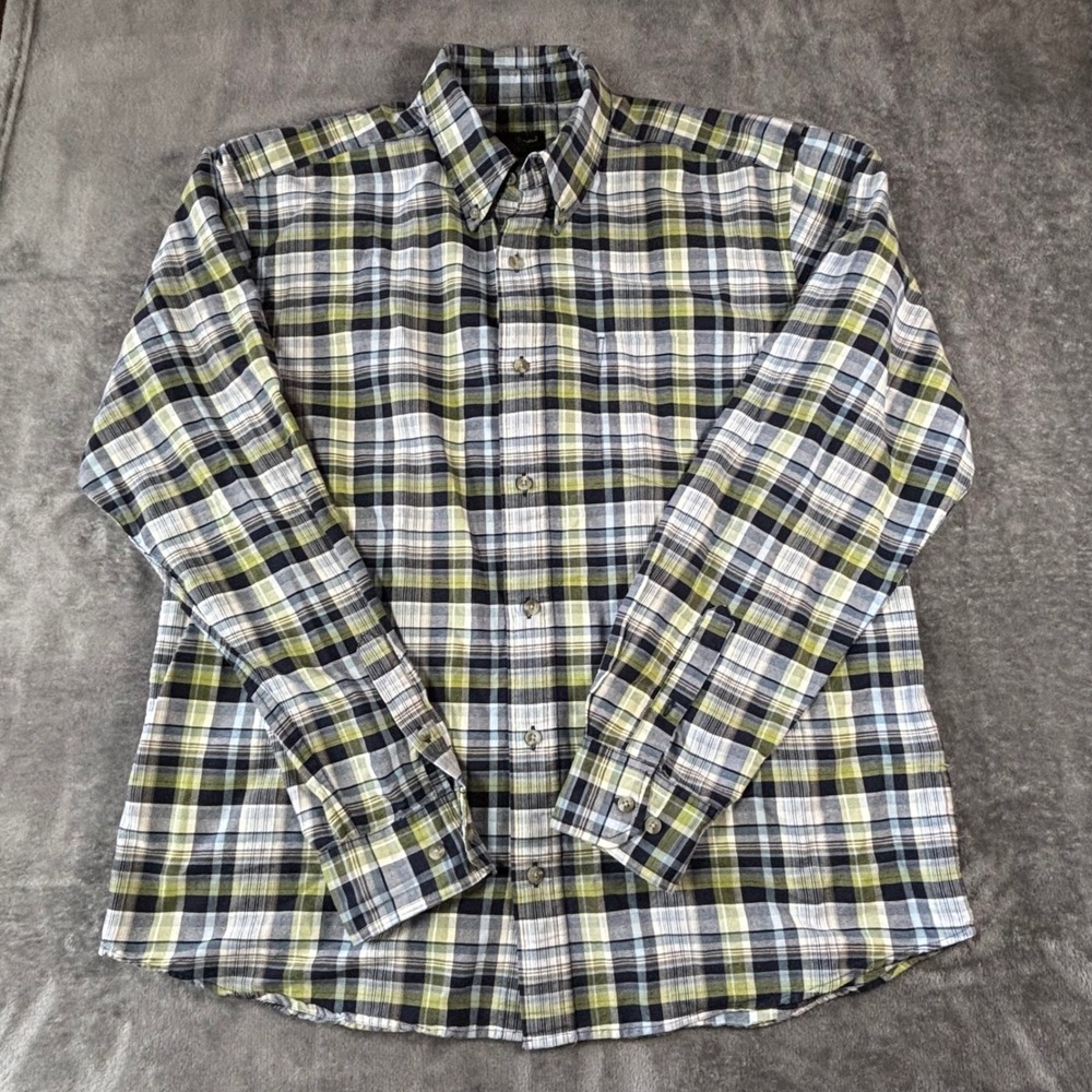 Eddie Bauer Mens Large Plaid Button Down Shirt Long Sleeve Green Blue White